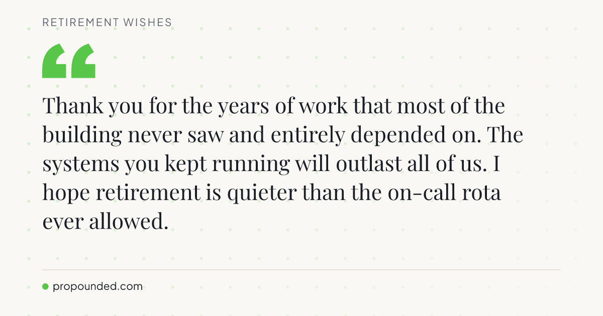 Retirement Wishes card: For work the building never saw
