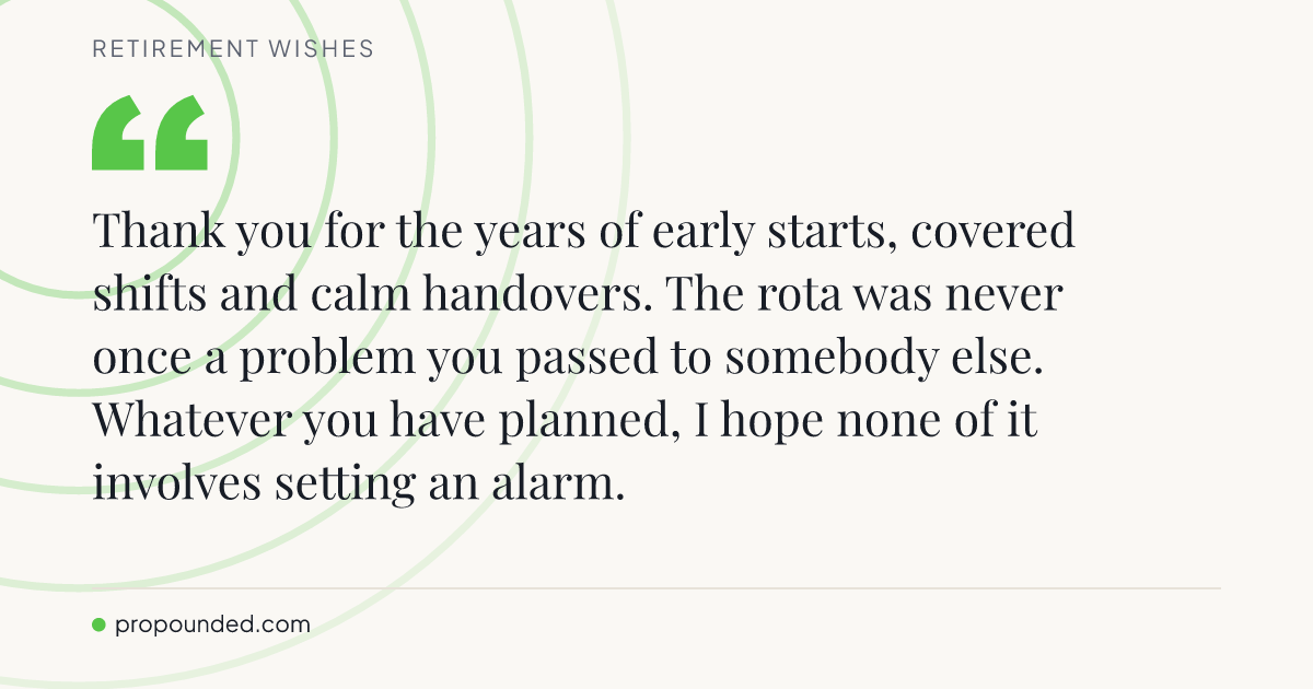 Retirement Wishes card: The end of a working rota